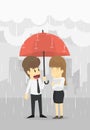 Businessman and Businesswoman stand together in rain with an umbrella.Business young cartoon concept is man Royalty Free Stock Photo