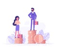 Businessman and businesswoman are standing on stacks of coins representing wages level. Gender gap and inequality in salary.