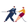 Businessman and businesswoman in a tug of war, competition, power struggle concept. Corporate battle, teamwork challenge
