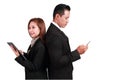 Businessman and businesswoman using tablet and cell phone on isolated background Royalty Free Stock Photo