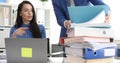 Businessman and businesswoman work with folders of documents and communicate 4k movie