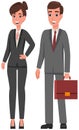 Businessman and businesswoman, young man and woman in elegant business suit, with briefcase