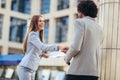 Businessman and businesswomen shaking hands outdoor Royalty Free Stock Photo