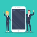 Businessman and businesswomen talking beside smart phone with blank screen. Business communication concept.