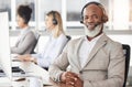 Businessman, call center and portrait smile with headphones for customer service, support or telemarketing at office Royalty Free Stock Photo