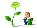 Businessman with can and green dollar flower plant