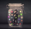 Businessman captured in a glass jar with colourful app icons con