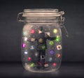 Businessman captured in a glass jar with colourful app icons con