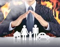 Businessman, car, family, house with fire background