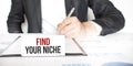 businessman and card with text FIND YOUR NICHE on the table Royalty Free Stock Photo