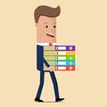 Businessman carries a large stack of documents. Vector illustration