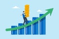 Businessman carries stack of money coins while walking up growth graph diagram, illustrating increasing revenue, income
