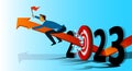 Businessman carry winner flat on arrow breaking target archery to Successful. business success concept Royalty Free Stock Photo