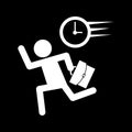 A businessman carrying a bag and running with time to follow the web icons and symbols on a black background