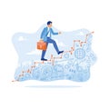 A businessman carrying a briefcase walking on a graph building a new business idea. Business icons are drawn under the stairs. Royalty Free Stock Photo