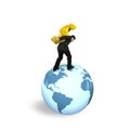 Businessman carrying dollar sign standing on globe world map Royalty Free Stock Photo