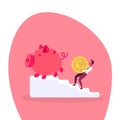Businessman carrying euro coin piggy bank ladder podium climbing growth wealth concept cartoon character full length