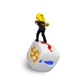 Businessman carrying gold Euro symbol balancing on dice