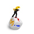 Businessman carrying gold USD symbol balancing on dice