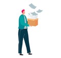 Businessman carrying heavy box of papers, overwhelmed with workload. Office worker with documents, stress at work vector