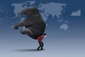 Businessman carrying heavy elephant over world map Royalty Free Stock Photo