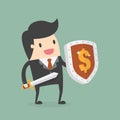 Businessman Carrying a Money Shield And Sword