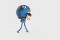 Businessman carrying the planet earth on his back and looking serious. 3D Rendering Royalty Free Stock Photo