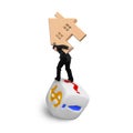 Businessman carrying wooden house balancing on dice