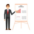 Businessman cartoon character. Man in the suit and tie makes project presentation explaining charts on a white board
