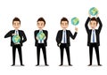 Businessman cartoon character, save the world or save the earth concept with set of four poses vector