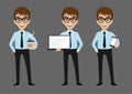 Businessman cartoon character, set of three poses. Handsome business man in office style clothes vector Royalty Free Stock Photo