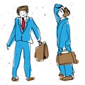 Businessman cartoon sketch drawing, childish style. Drunk line style. Businessman looking up, walking, cute hand draw