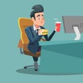 Businessman Cartoon Eating Fast Food at Office Work Place. Unhealthy Eating Royalty Free Stock Photo