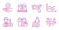 Businessman case, Bitcoin and Surprise package icons set. Approved, Water bottle and Wash hands signs. Vector