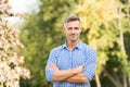 Businessman in casual clothes. Handsome man nature background copy space. Confident man. Good looking guy outdoor. Male Royalty Free Stock Photo