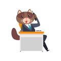 Businessman cat sitting at the desk and talking on the phone, humanized animal cartoon character in a suit at work Royalty Free Stock Photo