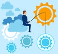 Businessman catches ideas and sits on the cloud. Vector illustration.