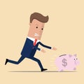 Businessman catches piggy bank. Concept of saving money. Vector illustration