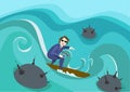 Businessman catches the wave among the dangerous waters. Concept of risk management, Investor on the Board for surfing Royalty Free Stock Photo