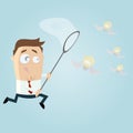 Businessman catching flying bulbs