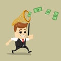 Businessman catching money with a butterfly net. Vector illustration. Dollars and Finance