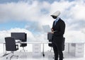 Businessman with CCTV head at office in clouds Royalty Free Stock Photo