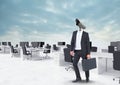 Businessman with CCTV head at office in clouds Royalty Free Stock Photo