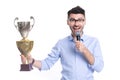 Businessman celebrate victory on business ceremony isolated on white. Successful businessman man holding champion cup Royalty Free Stock Photo