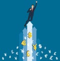 A businessman celebrating on the arrow and money icons vector, business concept illustration Royalty Free Stock Photo