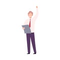 Businessman Celebrating Victory, Successful Manager Character Dressed in Business Clothes Standing with His Hand Up Flat