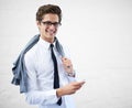 Businessman, cellphone and smiling for networking, communication and corporate clothes. Mobile, professional and Royalty Free Stock Photo