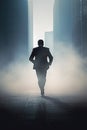 businessman CEO corporate man running in a foggy city. dreamy corporate concept.