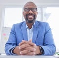 Businessman, CEO and portrait smile for management, leadership or corporate executive sitting by office desk. Happy Royalty Free Stock Photo