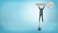 A businessman chained to an iron ball flies upwards while holding a huge metal key. Royalty Free Stock Photo